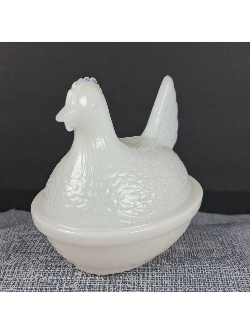 Vintage Victorian Milk Glass Hen on Nest Dish with Woven Base